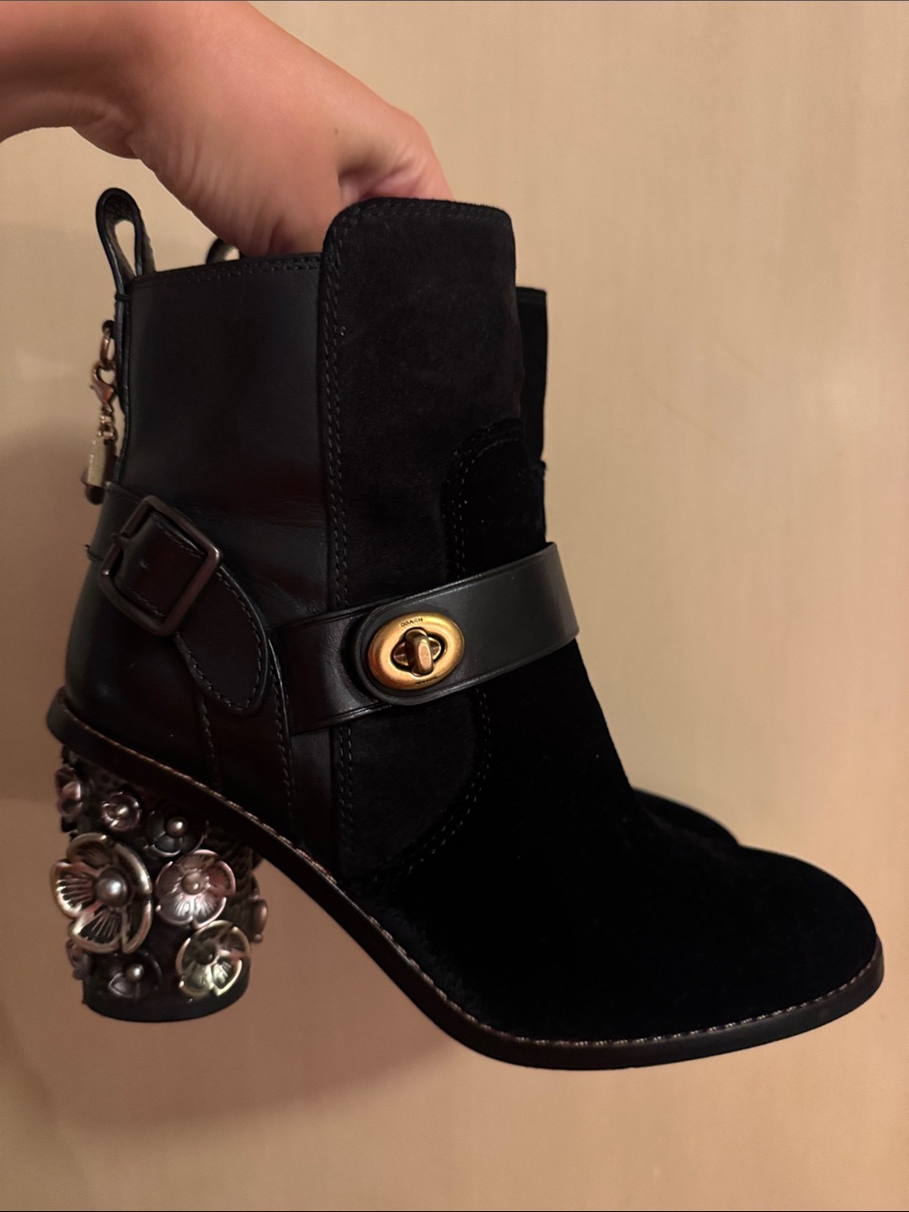 Coach Black Suede & Leather Ankle Boot with Floral Embellished Heel